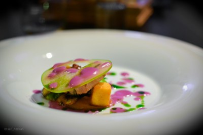 Pork belly, green apple, brussels, caramelized onion-apple butter, johnny cake, red cabbage, dill